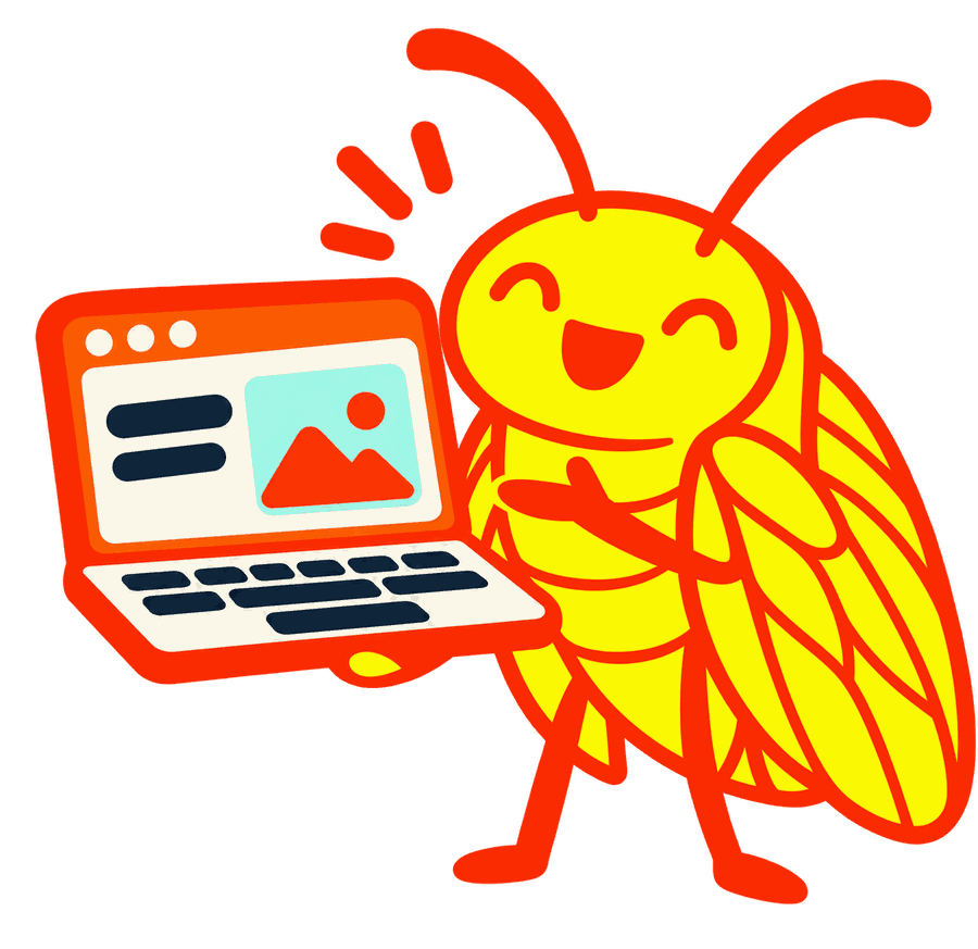 Cigale Webfaya, la mascotte du studio, devant un ordinateur portable
