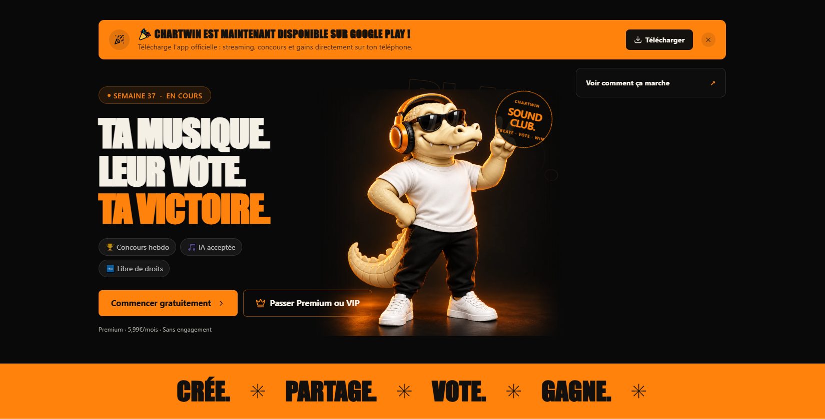 Capture d'écran du site chartwin.io : page d'accueil noire et orange avec la mascotte crocodile et le titre « Ta musique. Leur vote. Ta victoire. »
