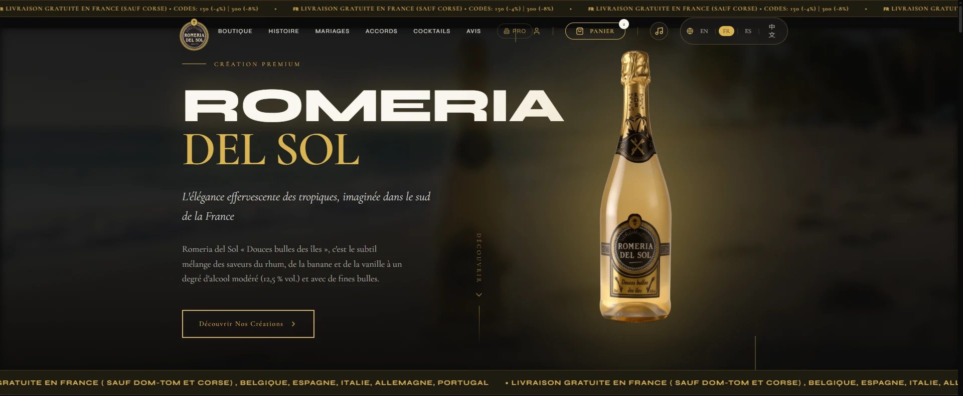 Capture d'écran du site romeriadelsol.com : page d'accueil sombre et dorée avec la bouteille du produit