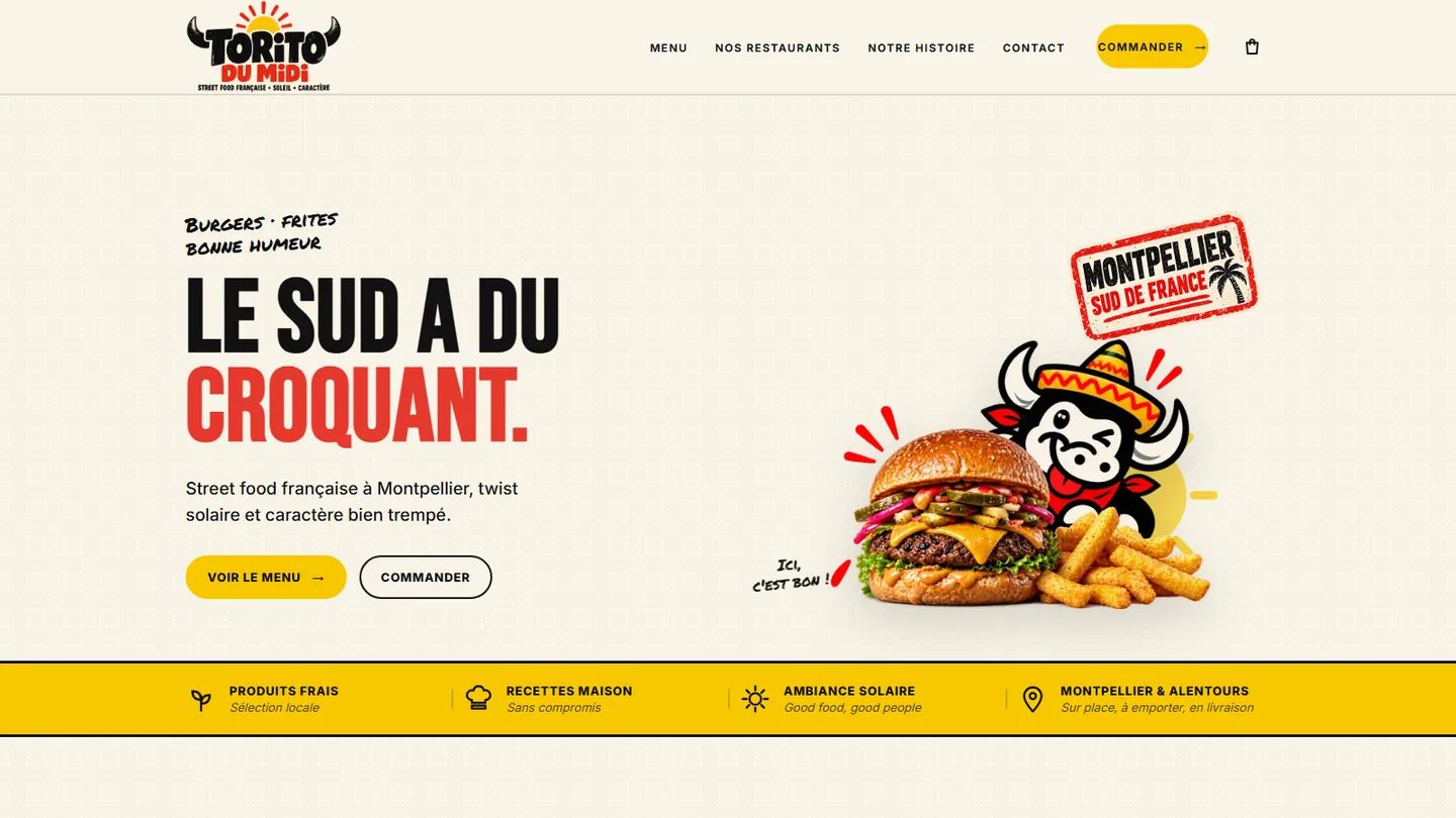 Capture d'écran du site Torito du Midi, marque créée par le studio Webfaya : page d'accueil crème et jaune avec le titre « Le Sud a du croquant », un burger et une mascotte taureau au sombrero