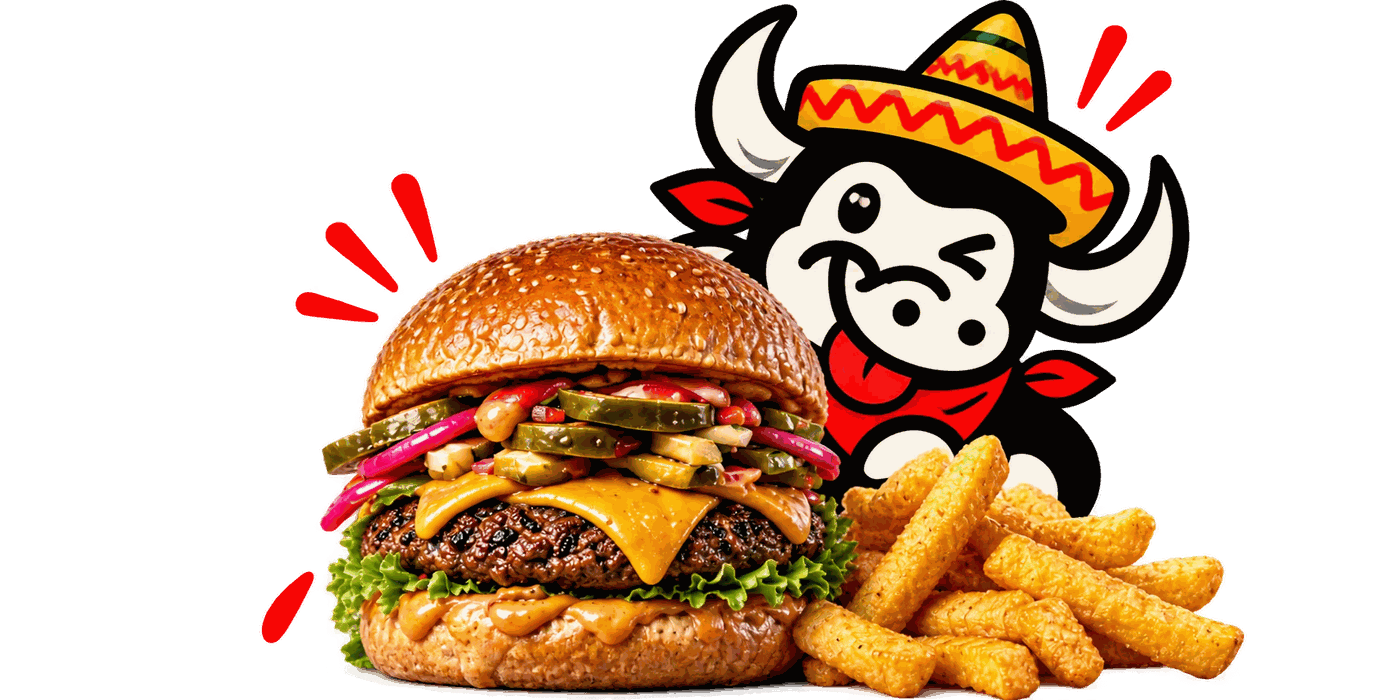 Torito, la mascotte taureau de Torito du Midi, passe la tête derrière un burger et une portion de frites