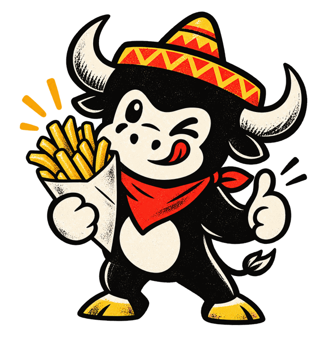 Torito, la mascotte, tend un cornet de frites et lève le pouce
